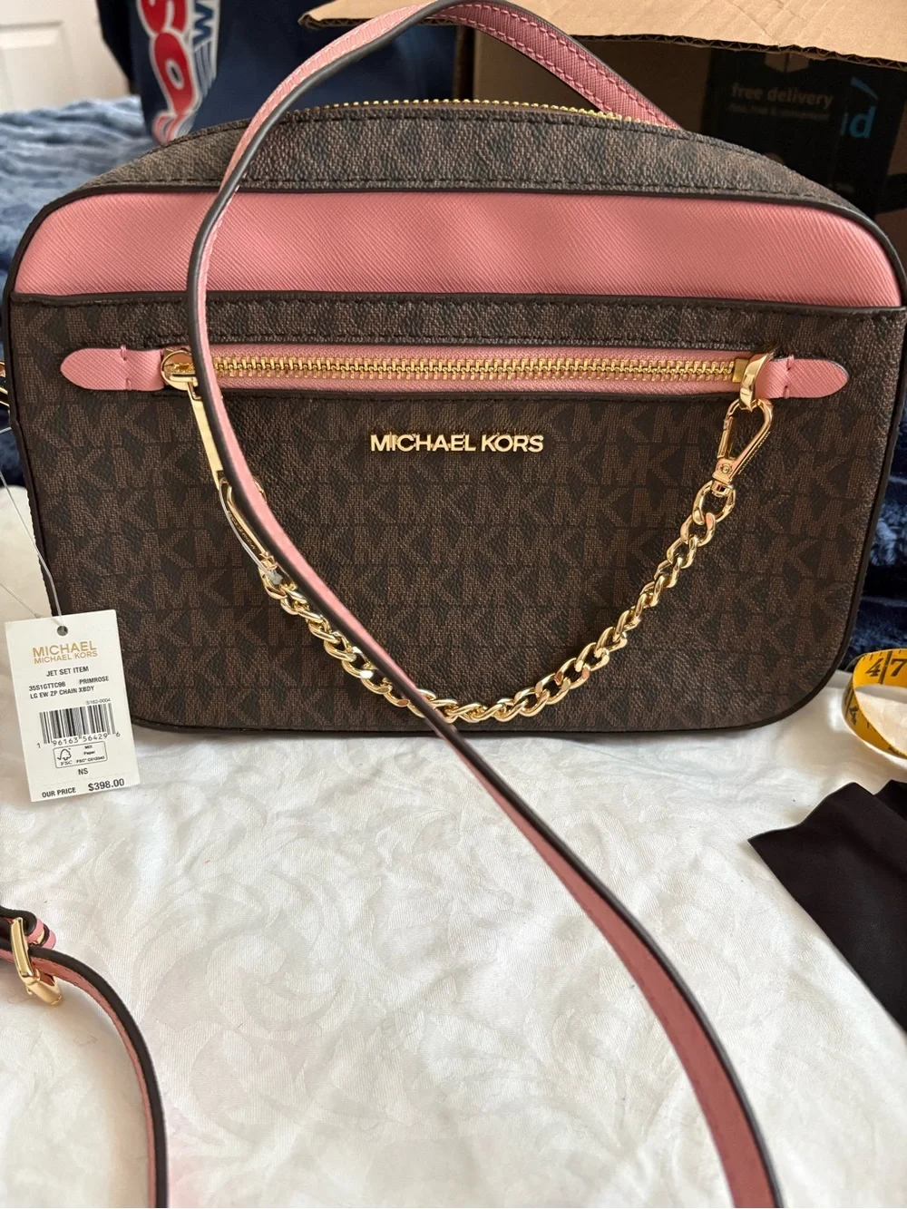 Michael Kors Brown Logo Crossbody with Pink Trim and Gold Chain